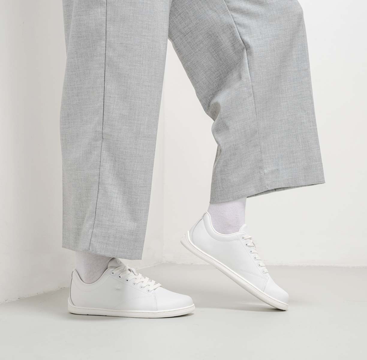 Be Lenka Core All White, zero drop sneakers, close-up worn on feet