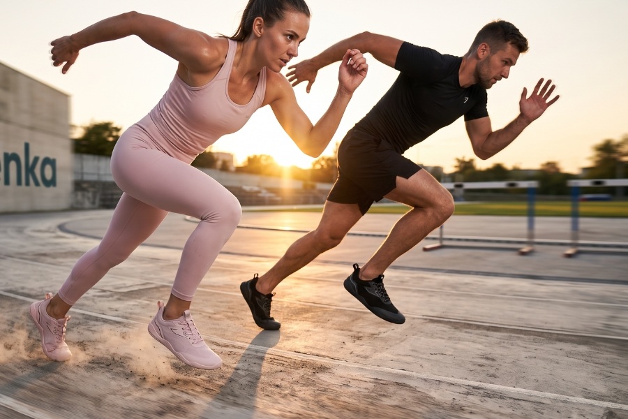 Sprint training on a track in barefoot shoes
