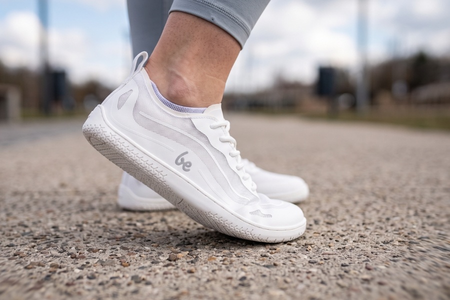 Close-up of a barefoot training shoe with a thin, flat sole