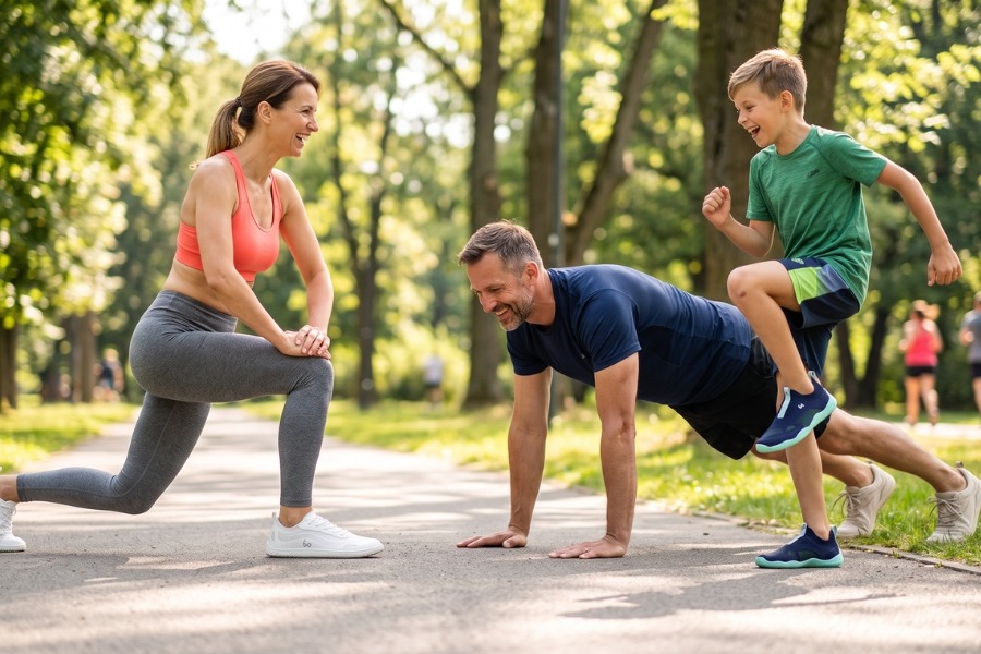 A family workout in the park in barefoot training shoes