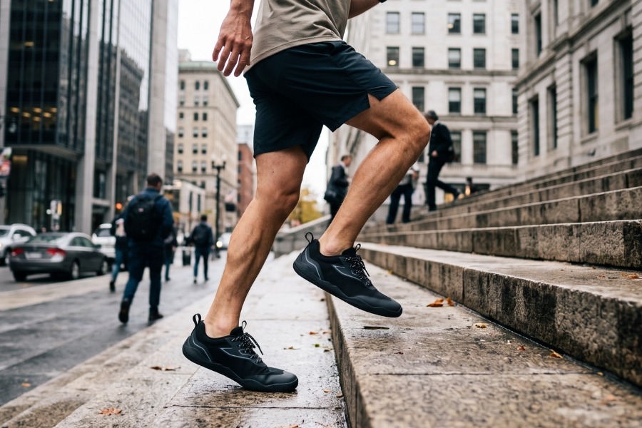 Barefoot training shoes on city steps during a workout