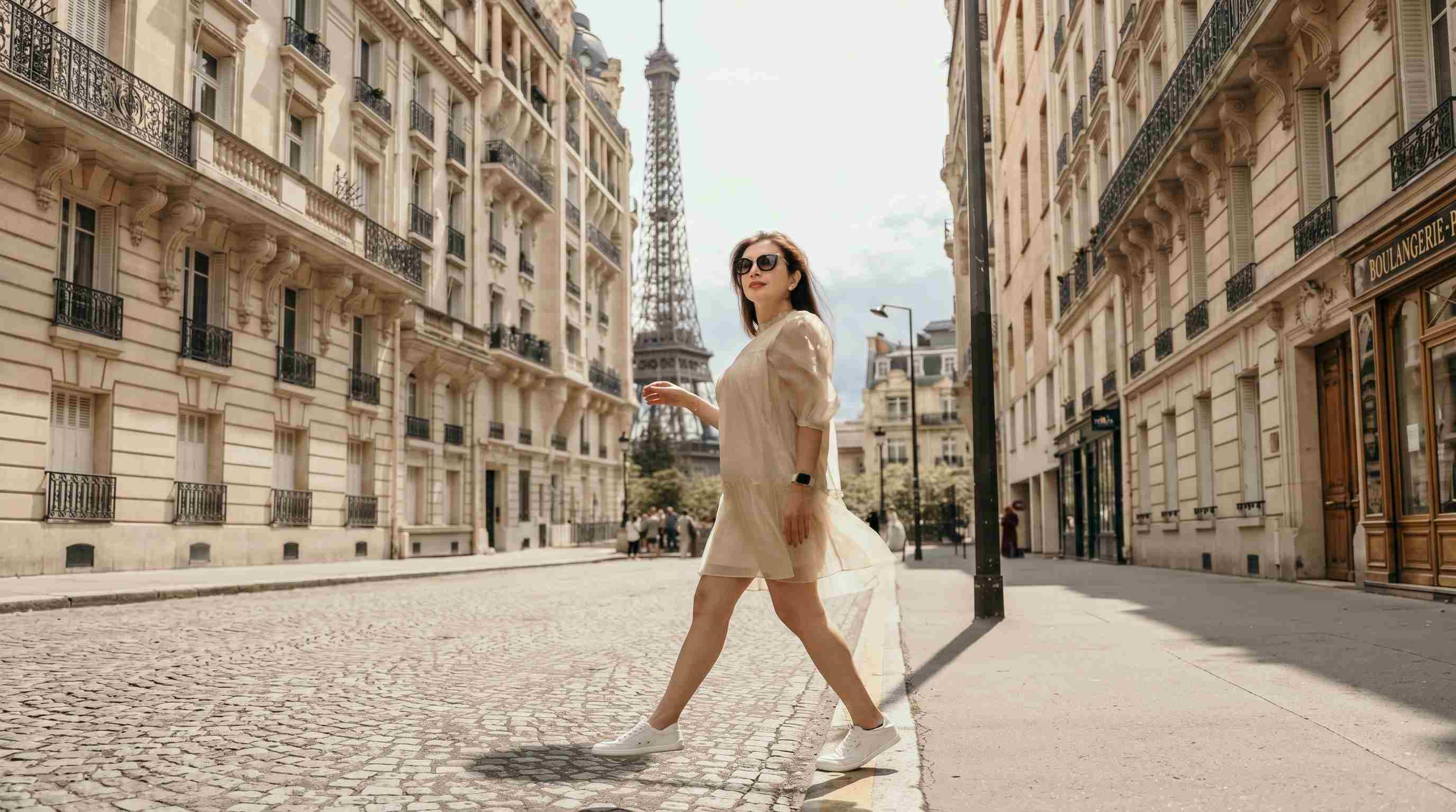 Summer barefoot shoes worn with a dress on a city street