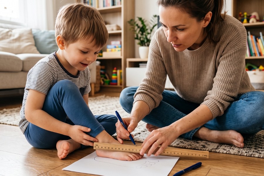 Measuring a child's foot before choosing barefoot shoes Measuring a child's foot before choosing barefoot shoes
