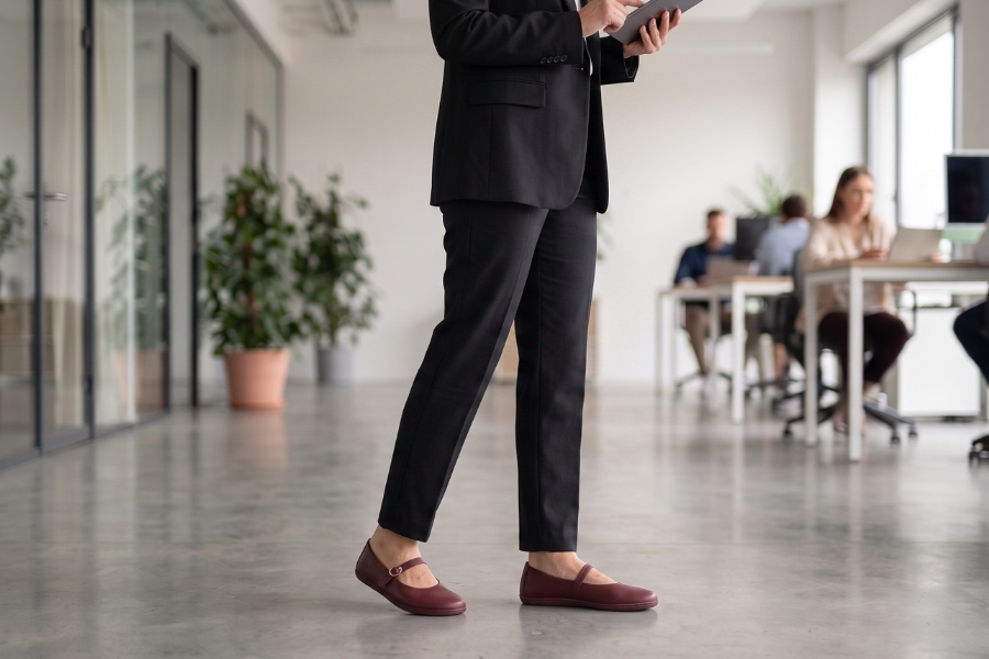 Women's barefoot work shoes worn with a suit Women's barefoot work shoes worn with a suit