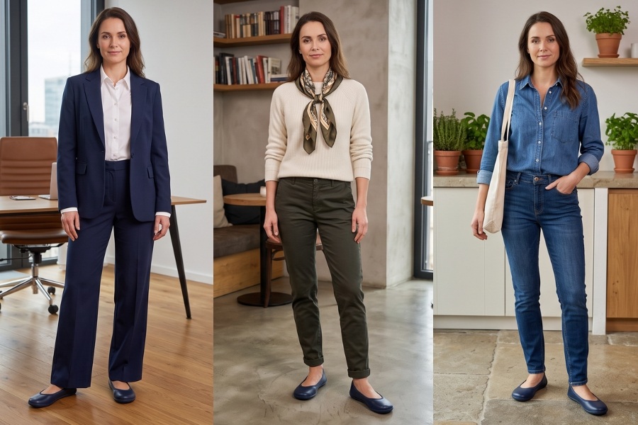 Women's barefoot work shoes styled with three office outfits Women's barefoot work shoes styled with three office outfits