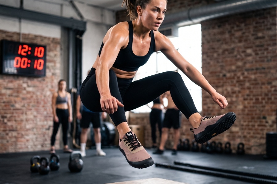 Women's barefoot training shoes in a jump exercise
