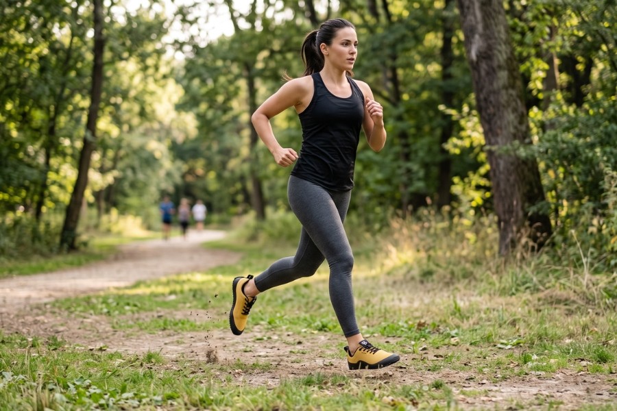 Running in women's barefoot shoes on a forest path