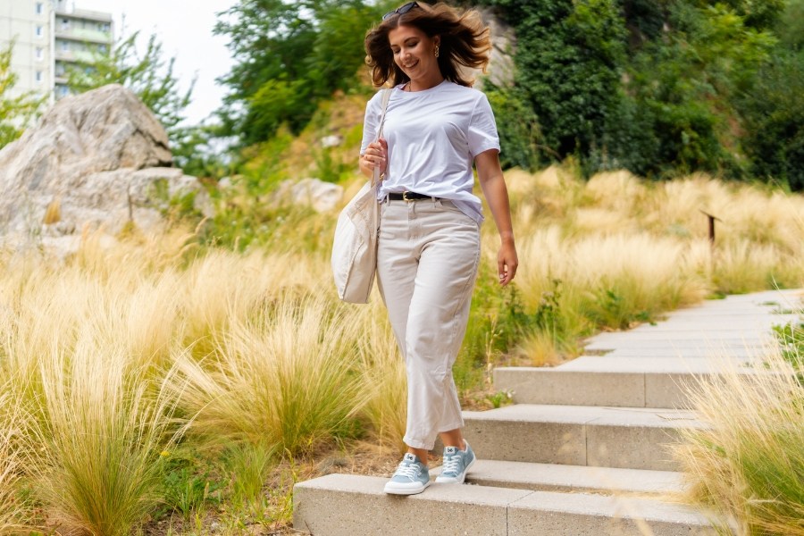 Women's vegan barefoot sneakers worn on a walk Women's vegan barefoot sneakers worn on a walk