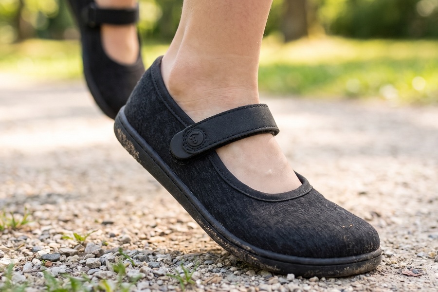 Close-up of kids' barefoot ballet flats with a strap Close-up of kids' barefoot ballet flats with a strap