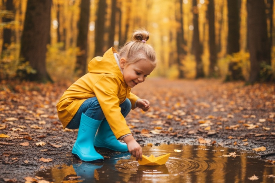 Kids' barefoot rain boots in a puddle Kids' barefoot rain boots in a puddle