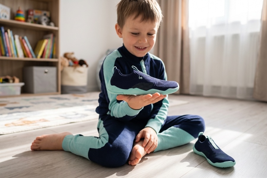 A child bending a kids' barefoot sports shoe A child bending a kids' barefoot sports shoe