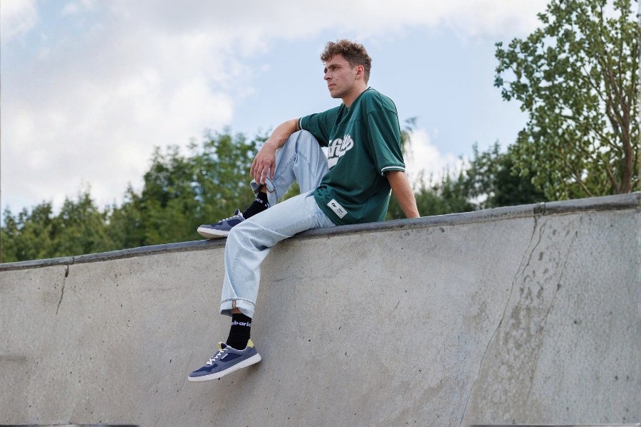 Men's Barebarics barefoot sneakers at a skatepark