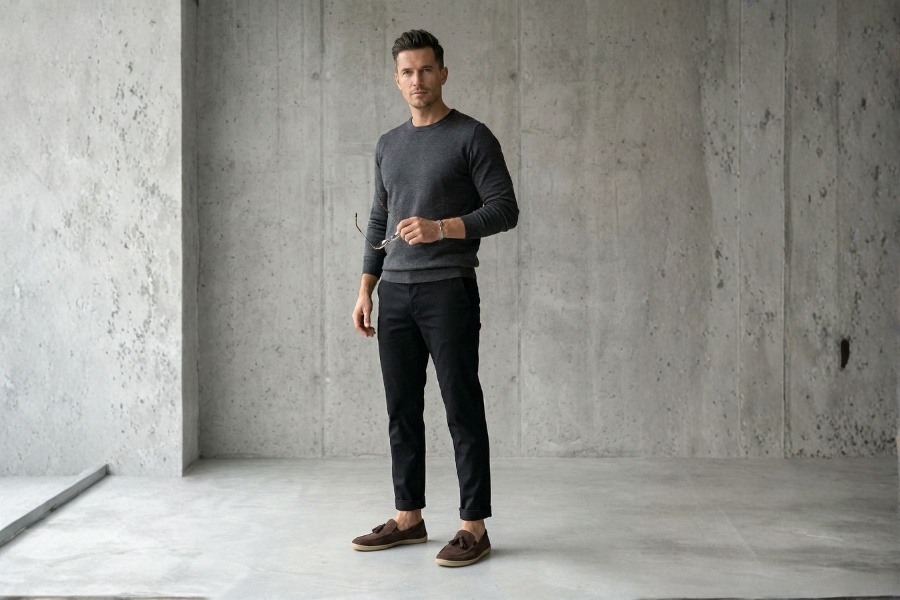 Men's barefoot work shoes worn with chinos