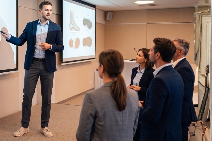 Men's barefoot work shoes during a presentation