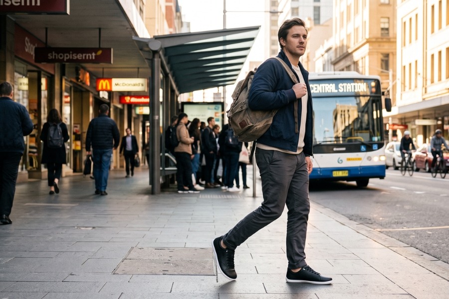 Men's barefoot work shoes on the commute