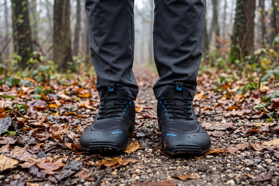 Men's fall barefoot shoes on a leafy forest trail Men's fall barefoot shoes on a leafy forest trail