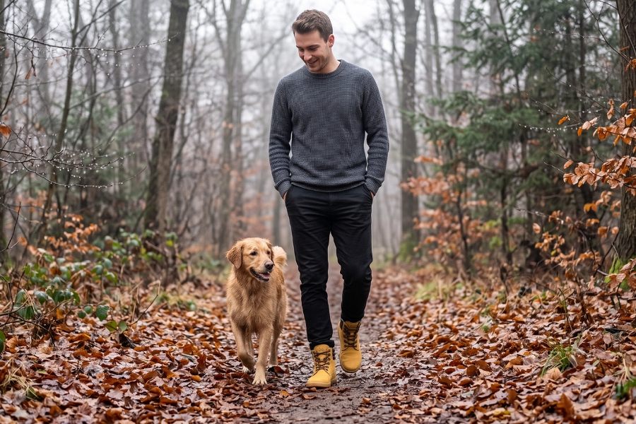 Men's fall barefoot boots on a walk with a dog Men's fall barefoot boots on a walk with a dog