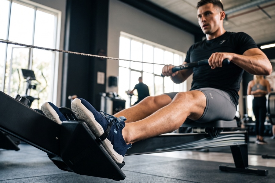 Men's barefoot training shoes on a rowing machine
